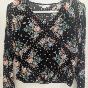 O'Neill Long Sleeve Top Floral Print Covered Buttons Stretch Waist Small
